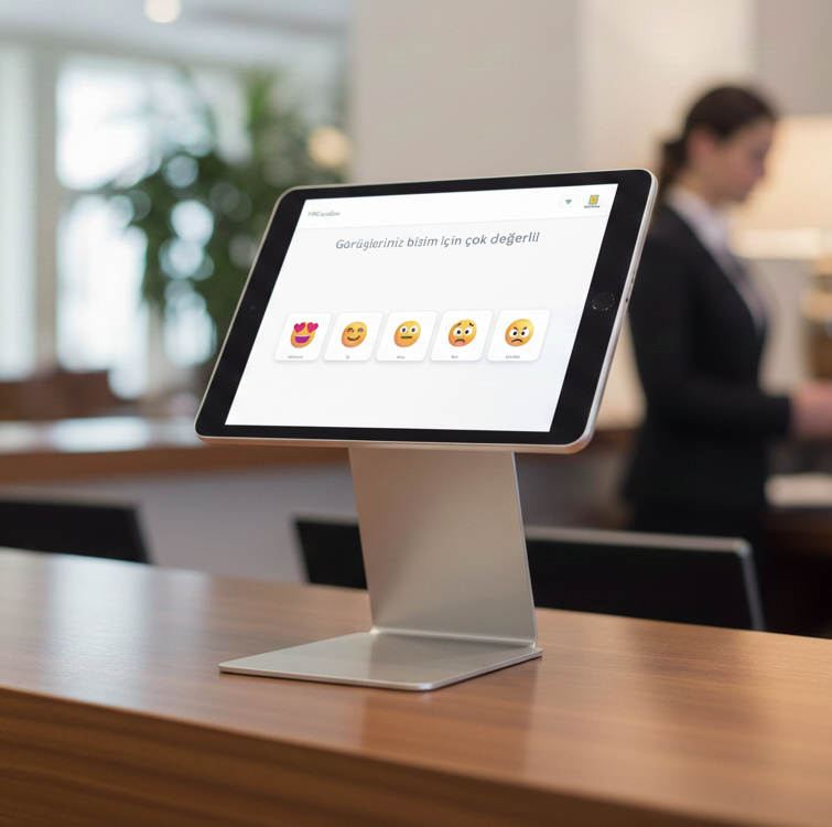 Otel lobisinde kiosk anket cihazı